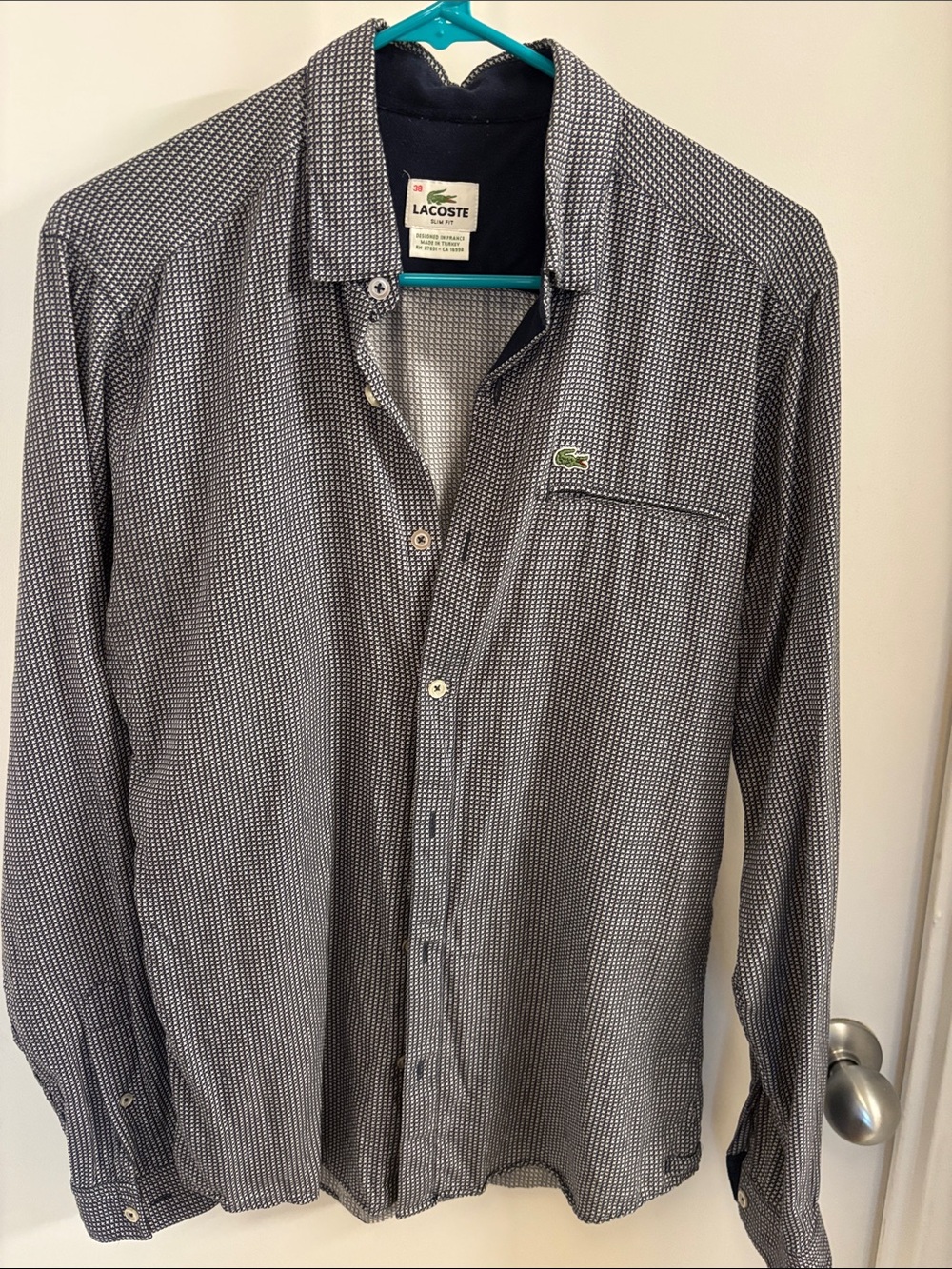 Lacoste Men's Navy and White Micro-Pattern Button-Down Shirt